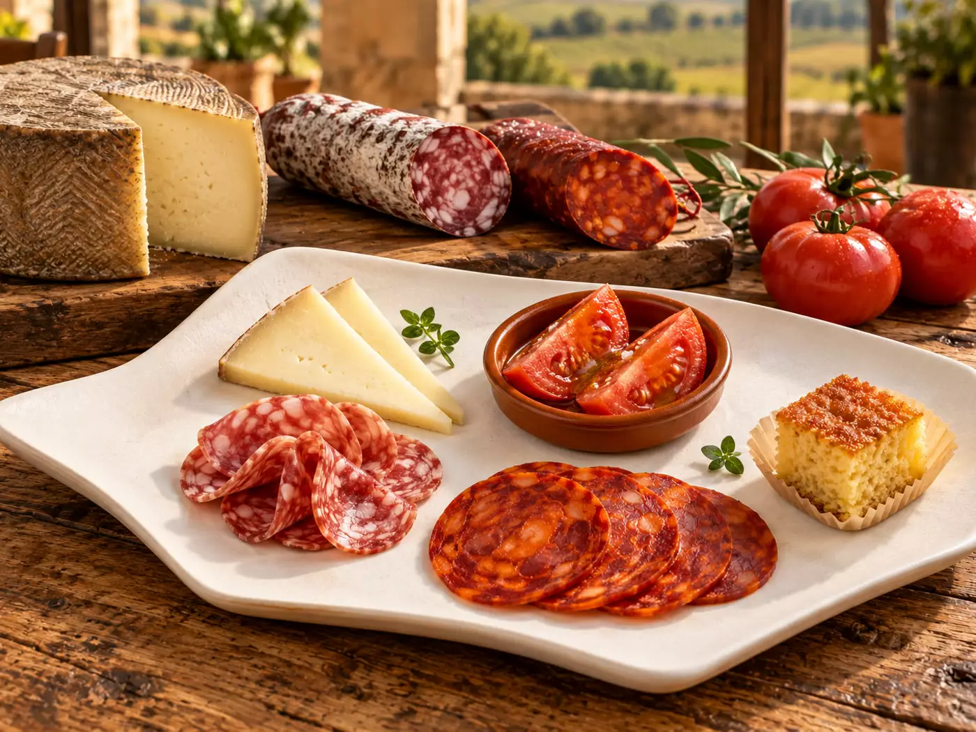 Plato de maridaje con queso, embutidos y tomate de la huerta
