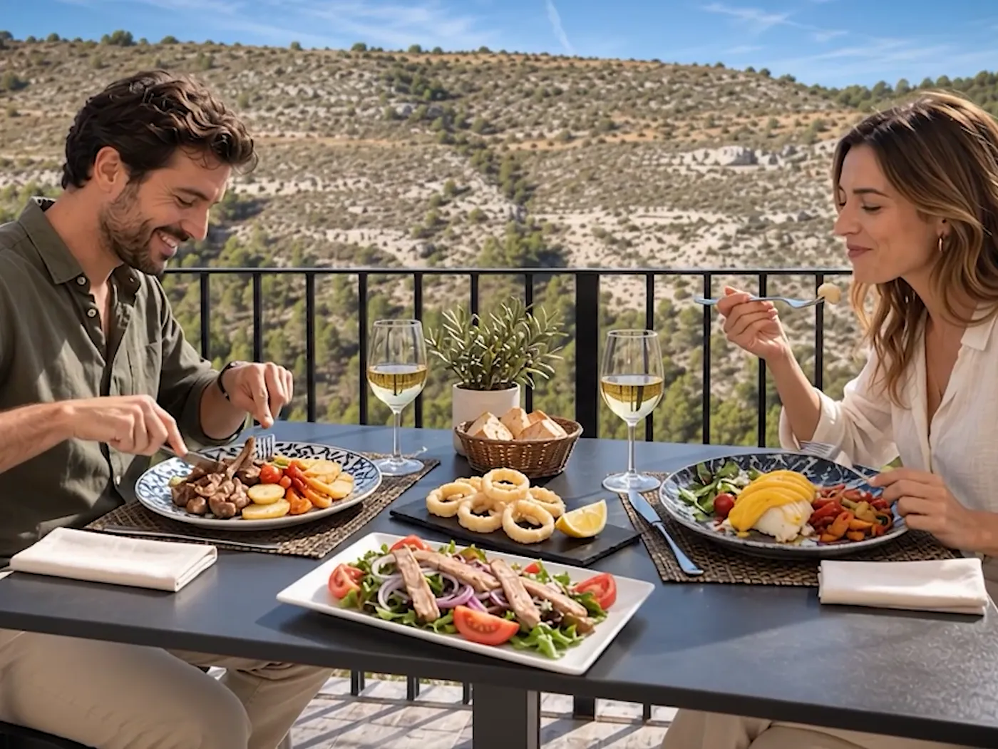 Comensales en la terraza del restaurante, con la hoz del Júcar al fondo