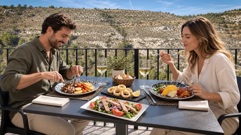 Comida en la terraza con la hoz del Júcar al fondo