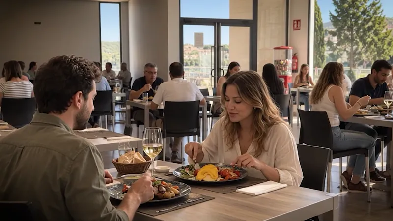 Comedor interior lleno, con sus ventanales