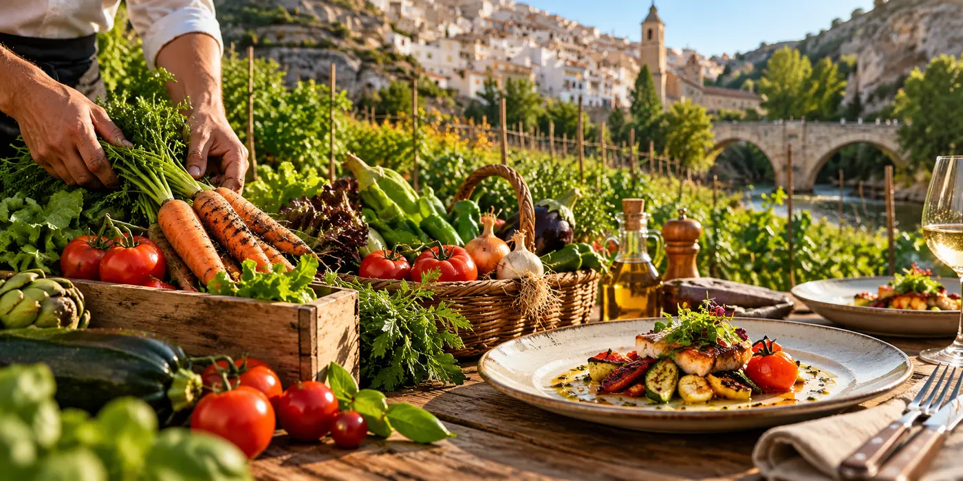 Verduras recién cogidas de la huerta junto a un plato servido, con el valle al fondo
