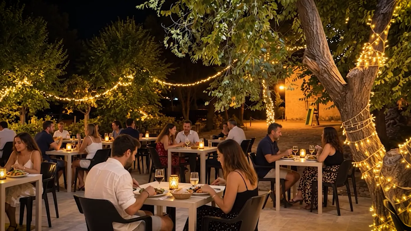 Terraza del jardín de noche, con guirnaldas de luces entre los árboles