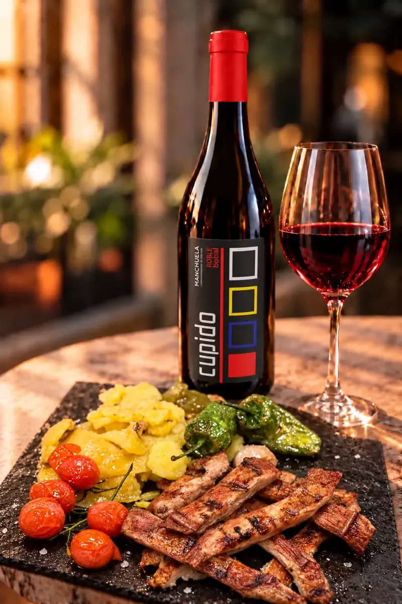 Botella de Cupido Bobal con lágrimas de cerdo ibérico