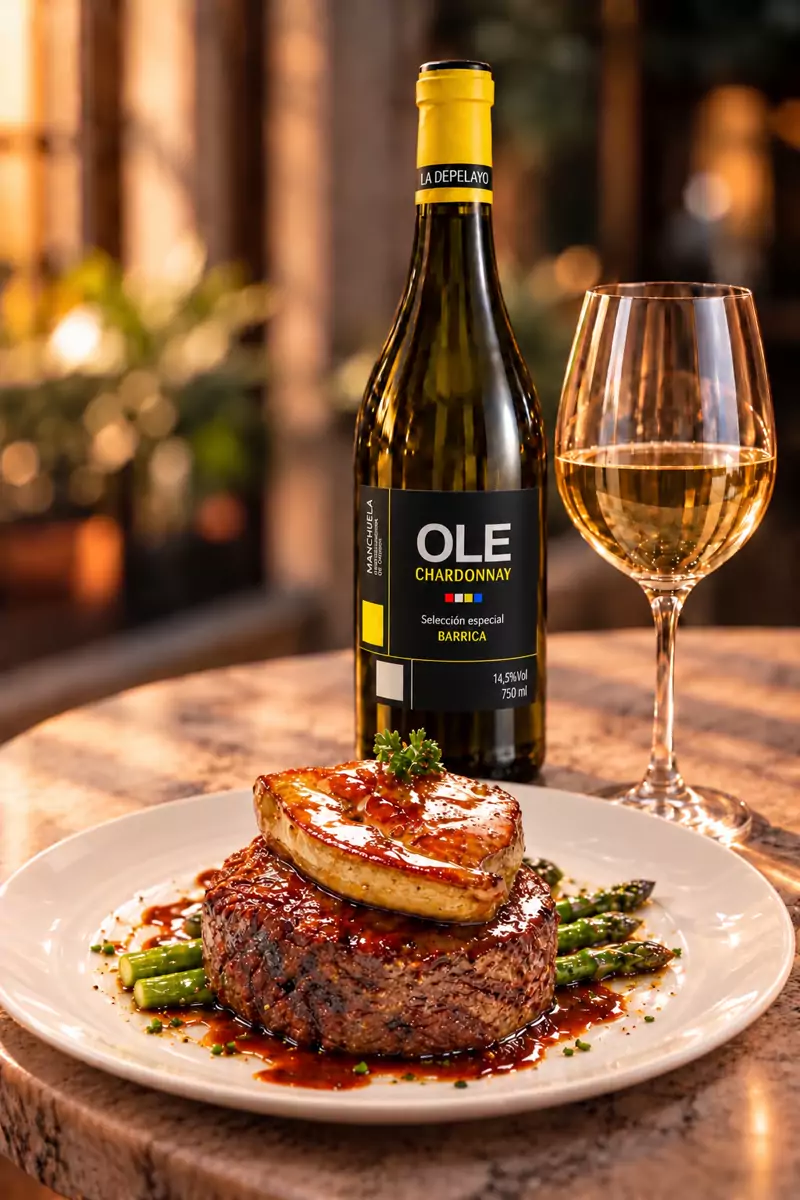Botella de Olé Chardonnay con solomillo con foie
