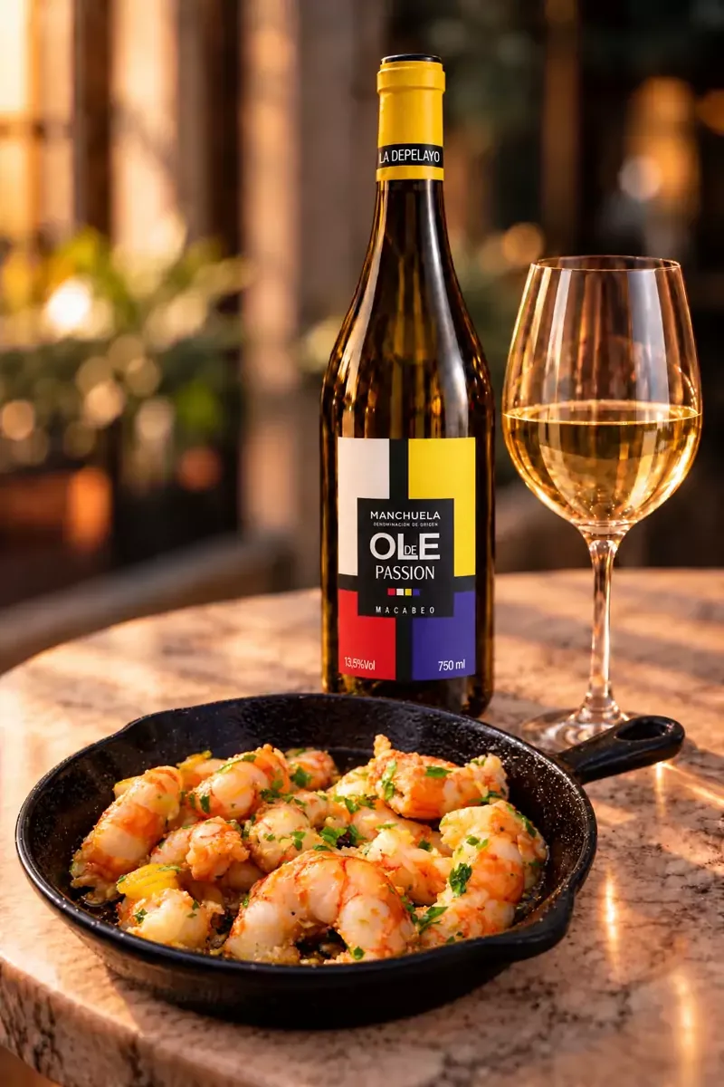 Botella de Olé de Passion con cazuela de gambón