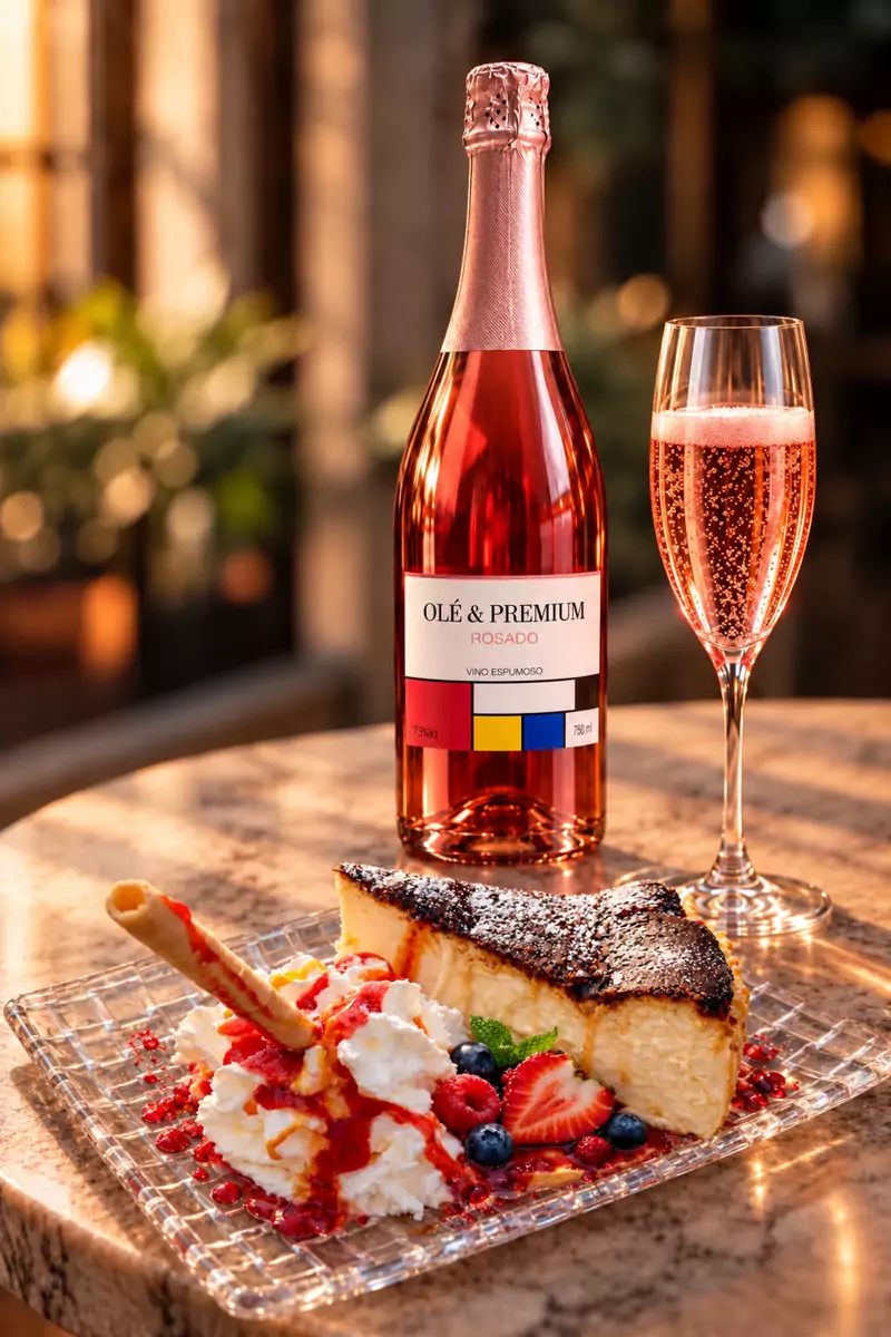 Botella de Olé & Premium Rosado con tarta de queso