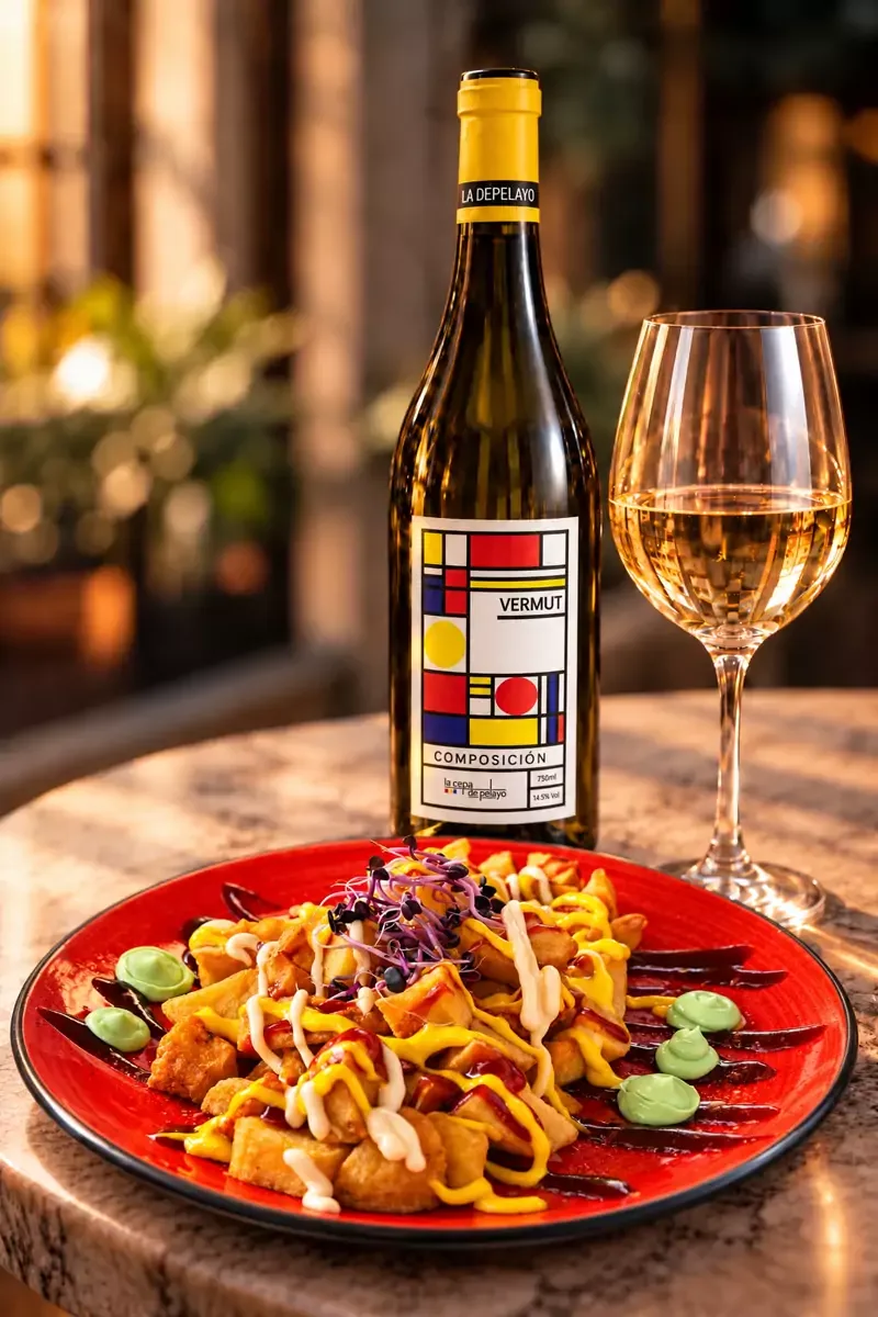 Botella de Vermut Composición con patatas bravas